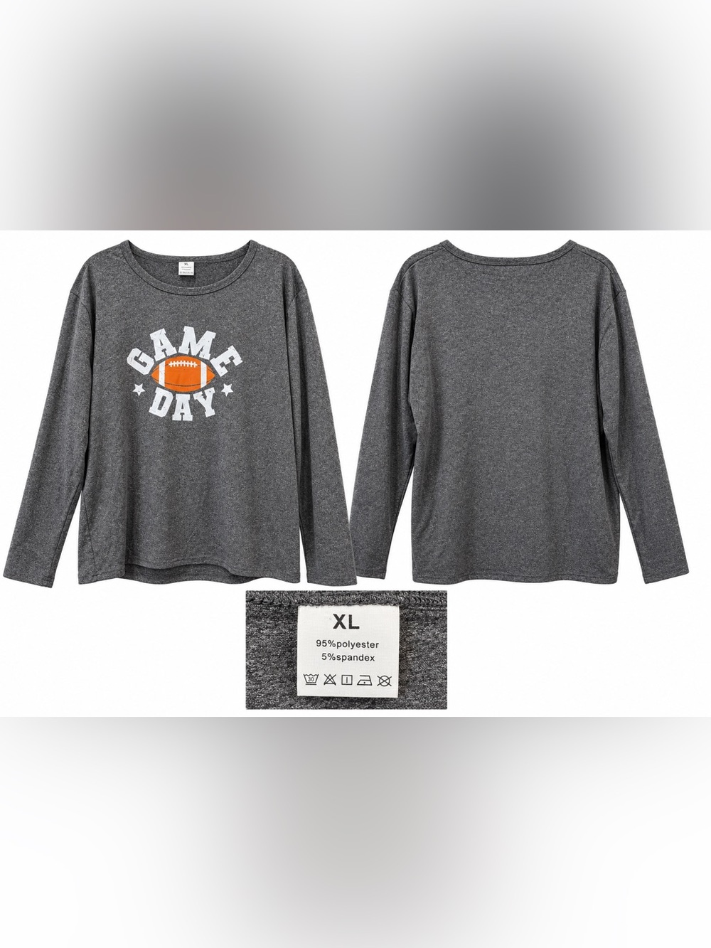 Charcoal Gray Game Day Football Graphic Long Sleeve Top – XL